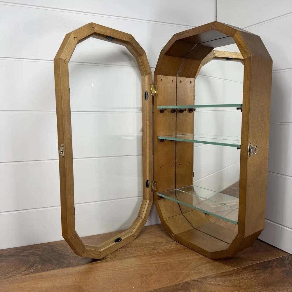 VTG Wood Glass Mirror Octagonal Trinket Cabinet Wall Hanging Curio Shelf 80s 90s